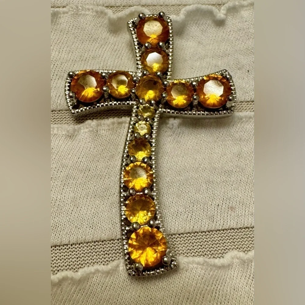Sterling Silver Cross Necklace Pendant Charm Citrine Stones November Birtbstone